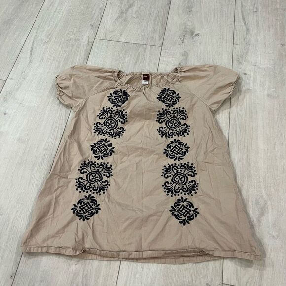 Tea Collection Short Sleeve Embroidered Dress - Tan/Navy - 6 - Picture 1 of 4
